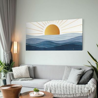 Boho Chic Landscape Illustration Painting Sunrise Over The Sea With Golden Sun And Blue Waves , bol6 canvas print