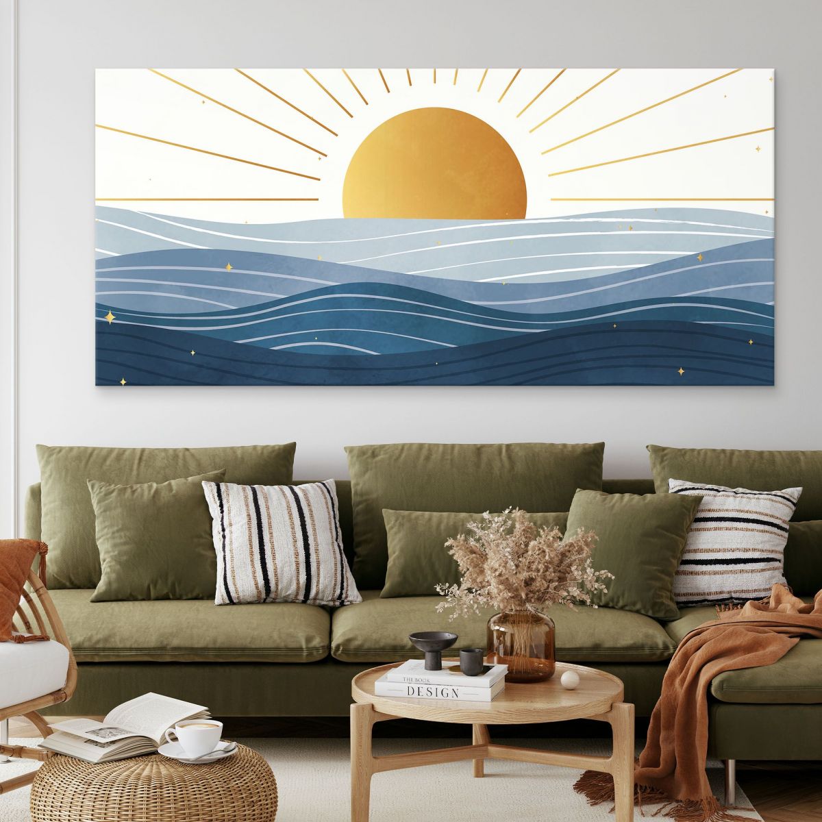 Boho Chic Landscape Illustration Painting Sunrise Over The Sea With Golden Sun And Blue Waves , bol6 canvas print