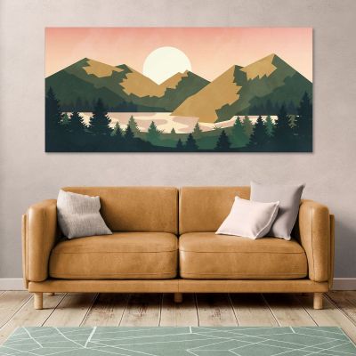 Boho Chic Painting Landscape Illustration Sunset Over The Mountains With Sun And Forest bol8 canvas print 