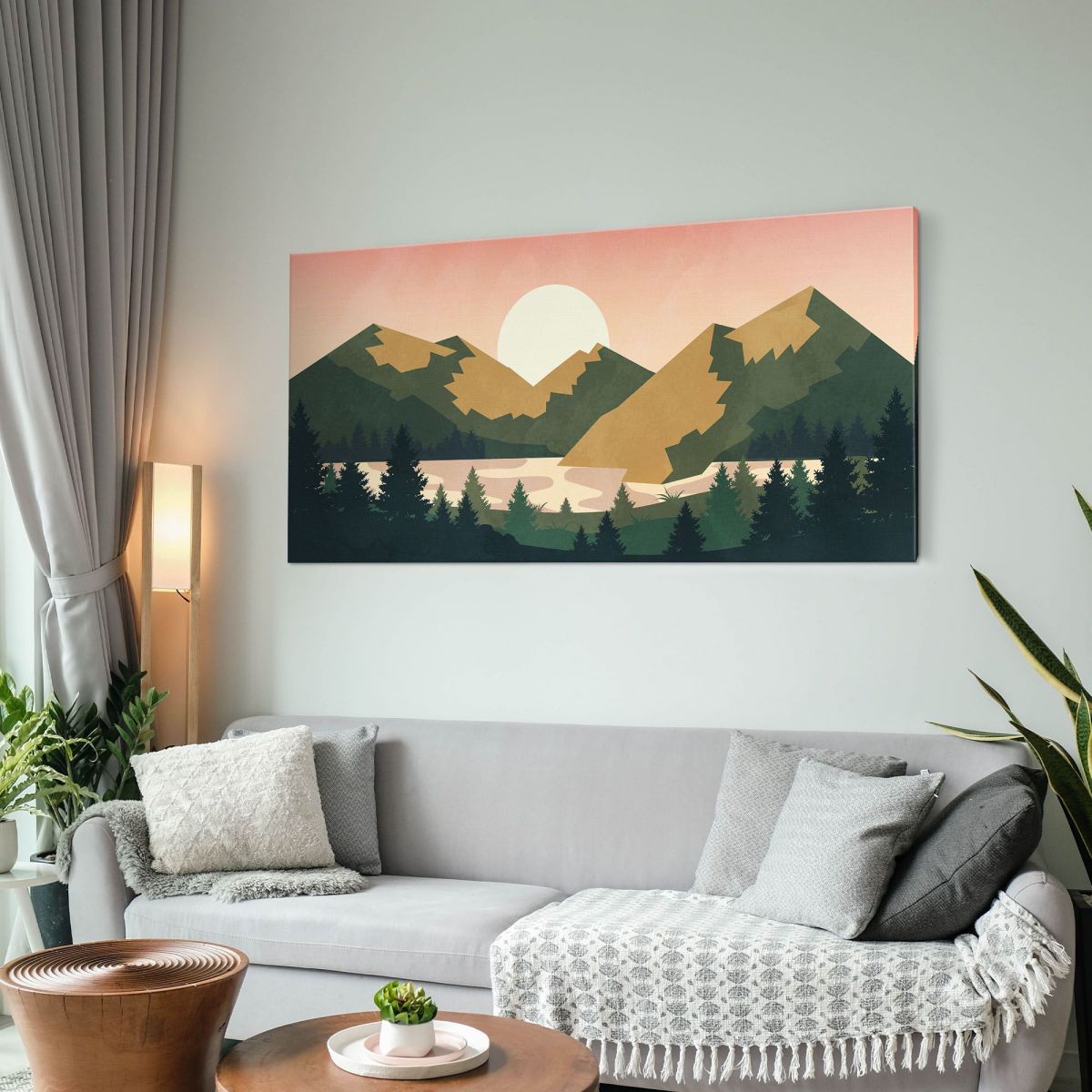 Boho Chic Painting Landscape Illustration Sunset Over The Mountains With Sun And Forest bol8 canvas print 