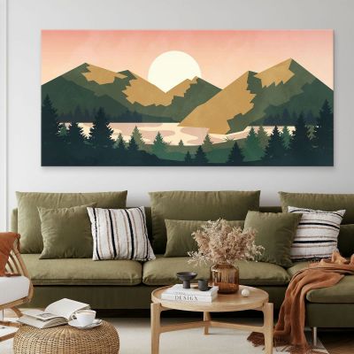 Boho Chic Painting Landscape Illustration Sunset Over The Mountains With Sun And Forest bol8 canvas print 