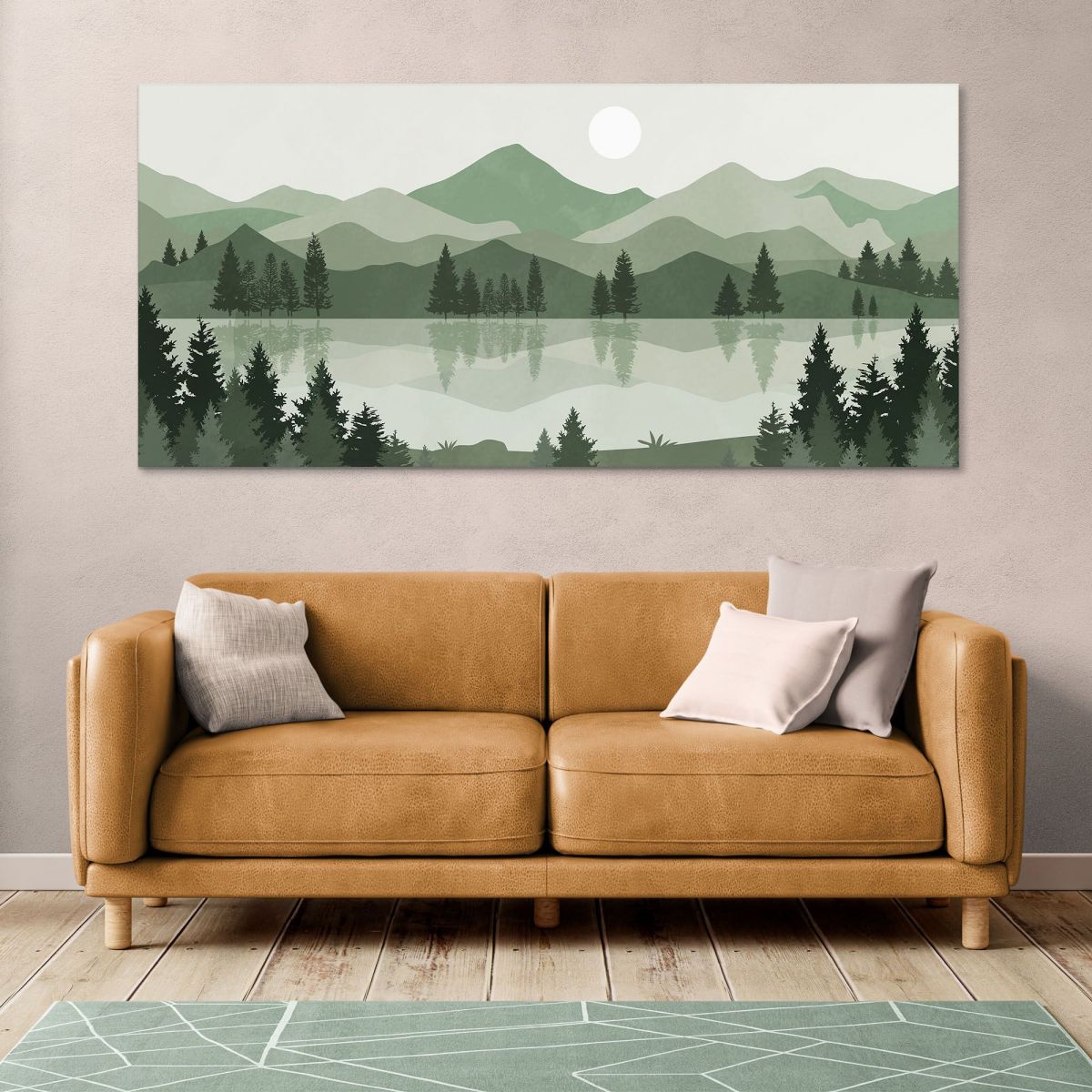 Boho Chic Painting Landscape Illustration Lake In The Green Mountains At Sunset bol9 canvas print 