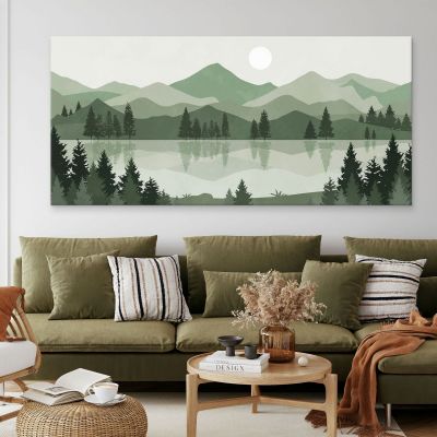 Boho Chic Painting Landscape Illustration Lake In The Green Mountains At Sunset bol9 canvas print 