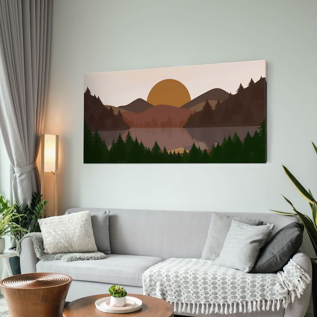 Boho Chic Painting Landscape Illustration Hill At Sunset With Trees And Lake , bol13 canvas print