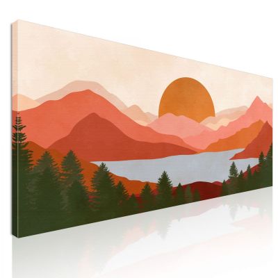 Boho Chic Painting Landscape Illustration Red Mountains With Lake And Sunset bol19 canvas print 