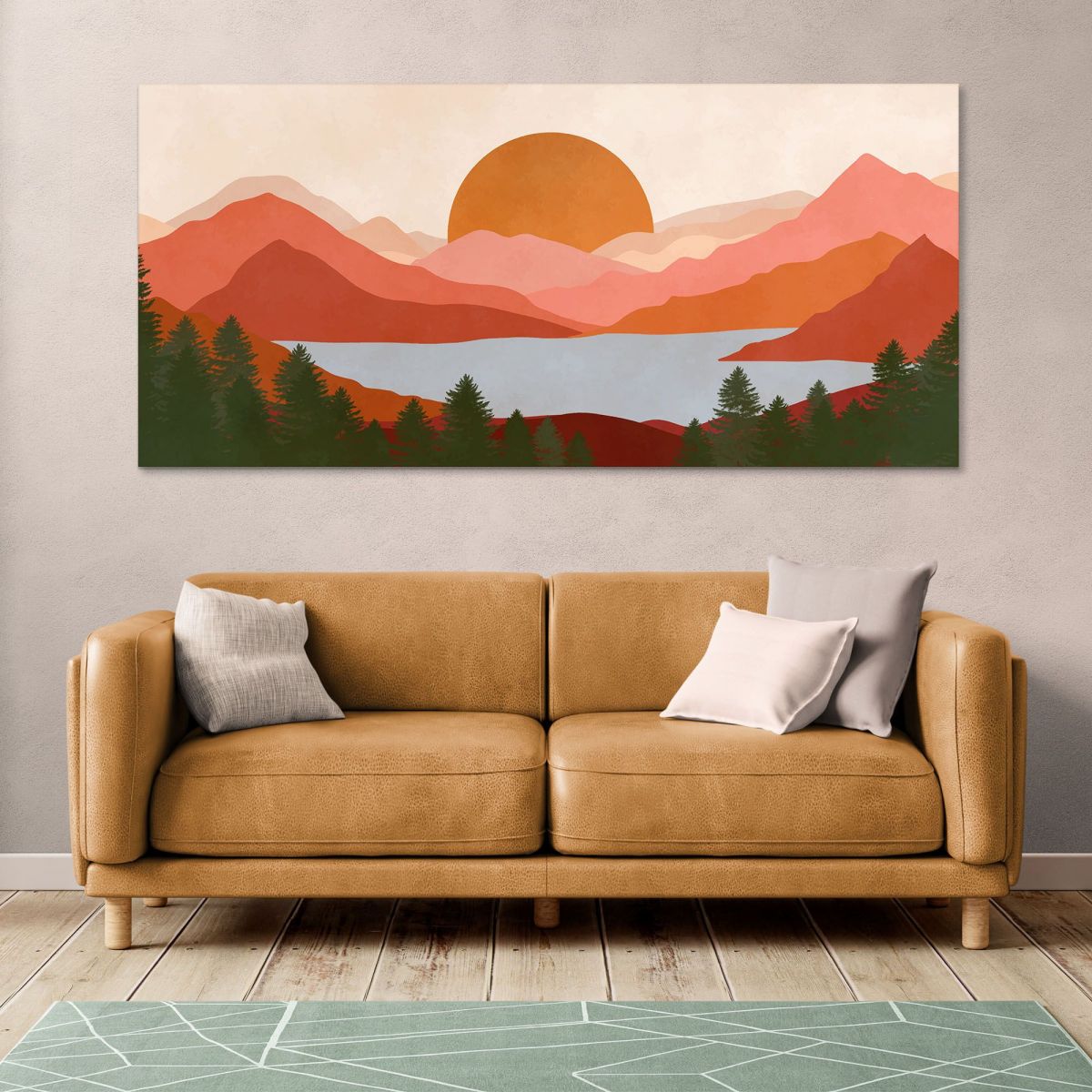 Boho Chic Painting Landscape Illustration Red Mountains With Lake And Sunset bol19 canvas print 