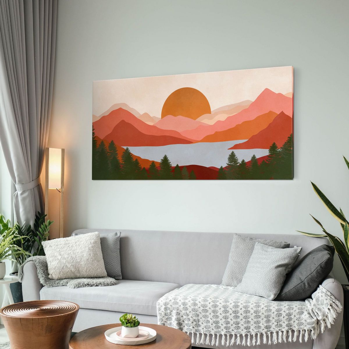 Boho Chic Painting Landscape Illustration Red Mountains With Lake And Sunset bol19 canvas print 