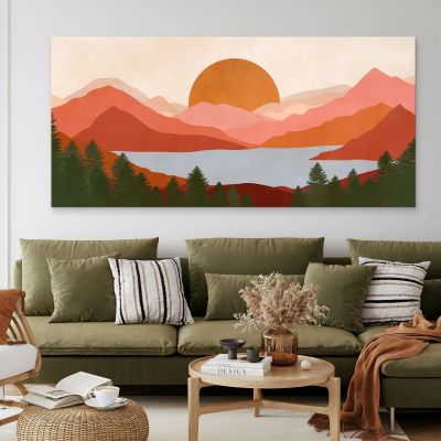 Boho Chic Painting Landscape Illustration Red Mountains With Lake And Sunset bol19 canvas print 