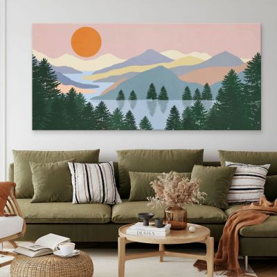 Boho Chic Painting Landscape Illustration Sunrise On The Lake With Pine Trees And Mountains , bol21 canvas print