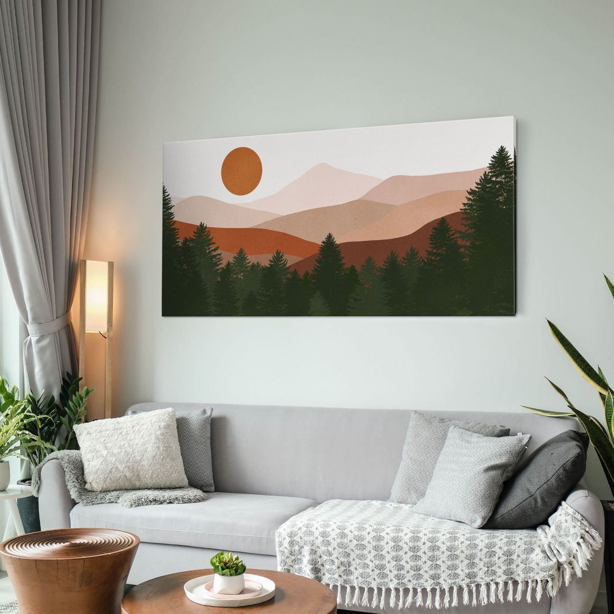 Boho Chic Landscape Illustration Painting Mountainous Landscape With Sun And Forest bol30 canvas print 