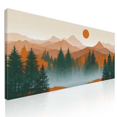 Boho Chic Painting Landscape Illustration Sunset Over Forest And Mountains With Pine Trees And Fog bol38 canvas print 