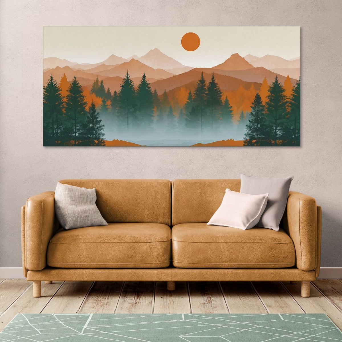 Boho Chic Painting Landscape Illustration Sunset Over Forest And Mountains With Pine Trees And Fog bol38 canvas print 