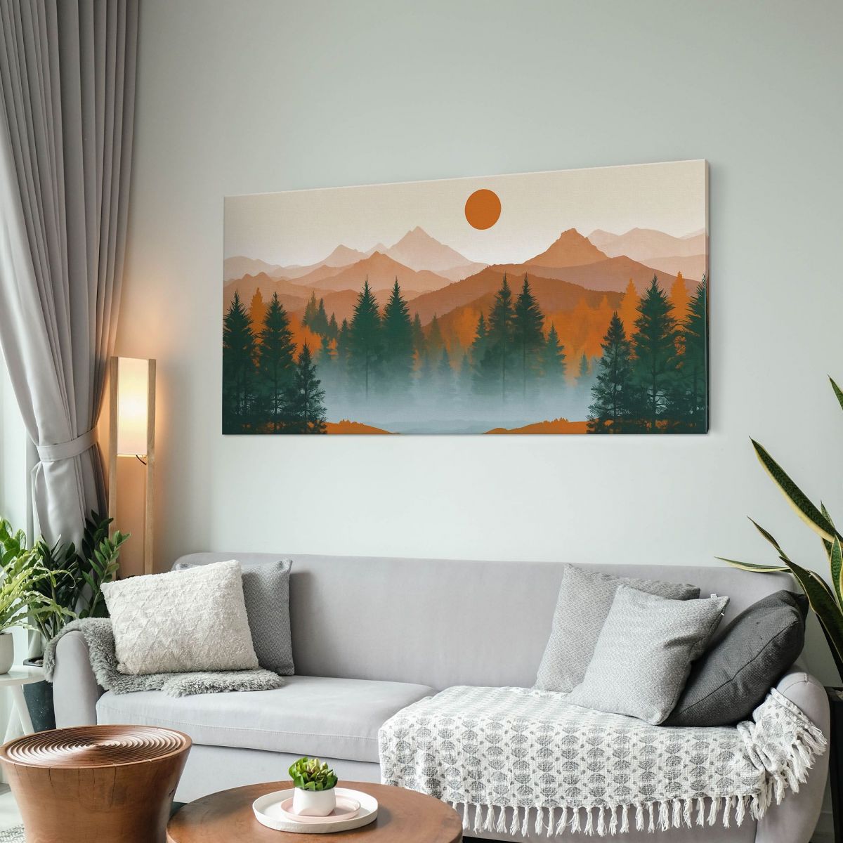 Boho Chic Painting Landscape Illustration Sunset Over Forest And Mountains With Pine Trees And Fog bol38 canvas print 