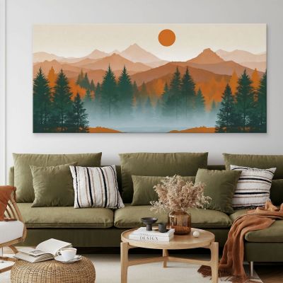 Boho Chic Painting Landscape Illustration Sunset Over Forest And Mountains With Pine Trees And Fog bol38 canvas print 