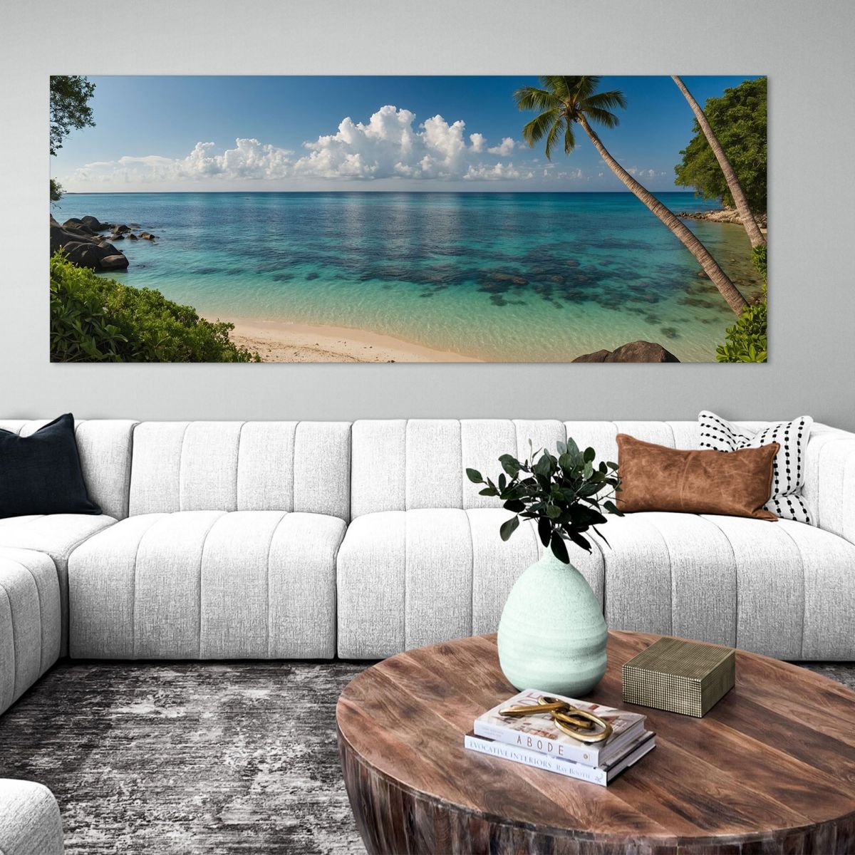 Sea Landscape Painting Of Quiet Tropical Beach With Transparent Sea And Lush Palm Trees seal35 canvas print 