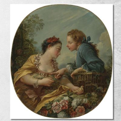 A Young Woman And Youth Placing Young Birds In A Cage The Bird Nesters François Boucher fbc5 canvas print 