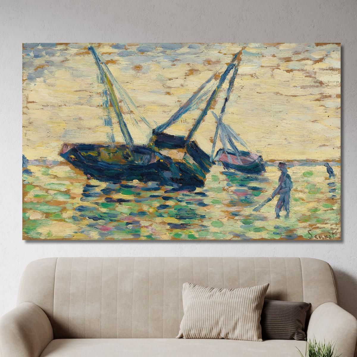 Three Boats And A Sailor Study For Beaching In Grandcamp Georges Seurat gsr85 canvas print 