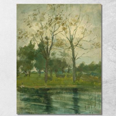 Two Trees Silhouetted Behind A Water Course Piet Mondrian pmn71 canvas print 