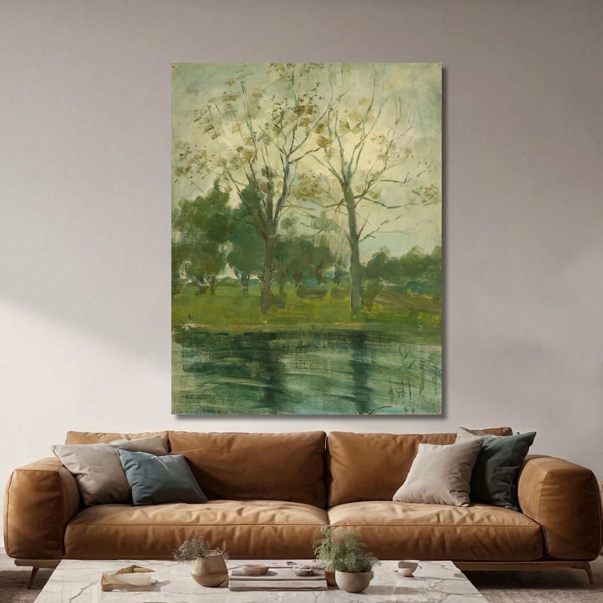 Two Trees Silhouetted Behind A Water Course Piet Mondrian pmn71 canvas print 