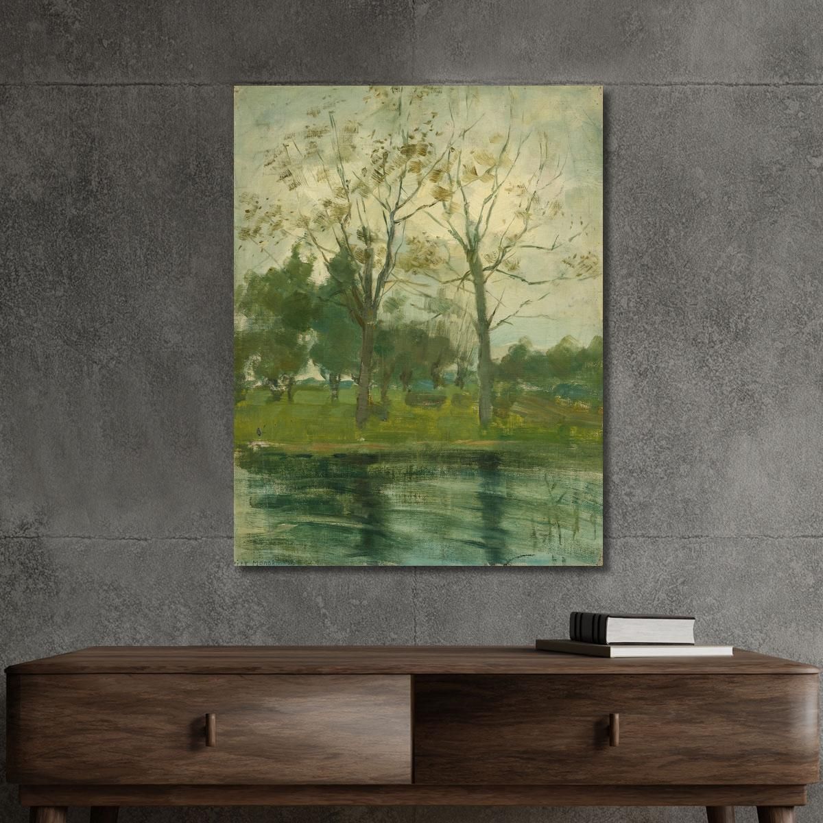 Two Trees Silhouetted Behind A Water Course Piet Mondrian pmn71 canvas print 