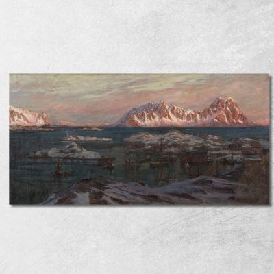 Fishing Harbour With Sunlit Mountains. Study From North Norway Anna Boberg abb16 canvas print 