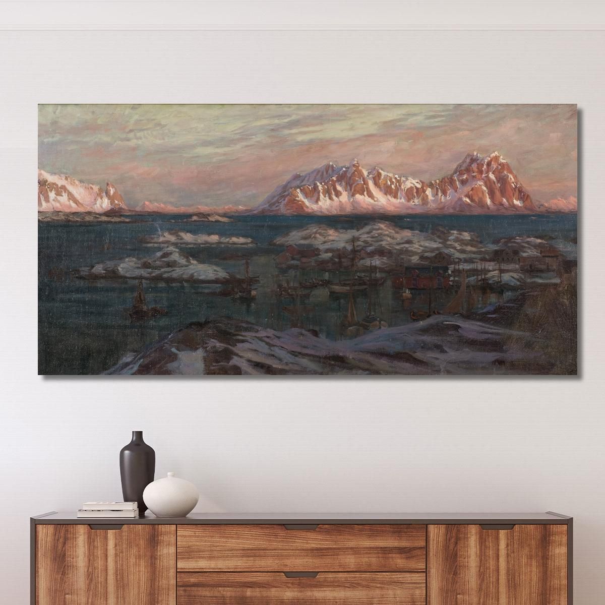 Fishing Harbour With Sunlit Mountains. Study From North Norway Anna Boberg abb16 canvas print 
