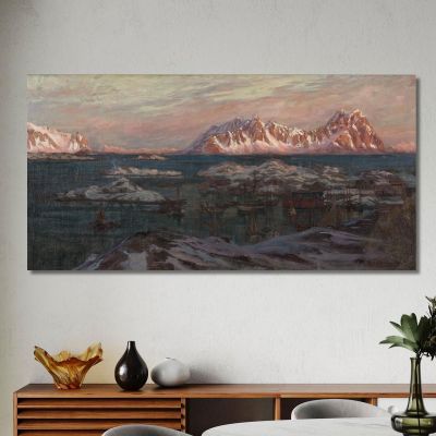 Fishing Harbour With Sunlit Mountains. Study From North Norway Anna Boberg abb16 canvas print 