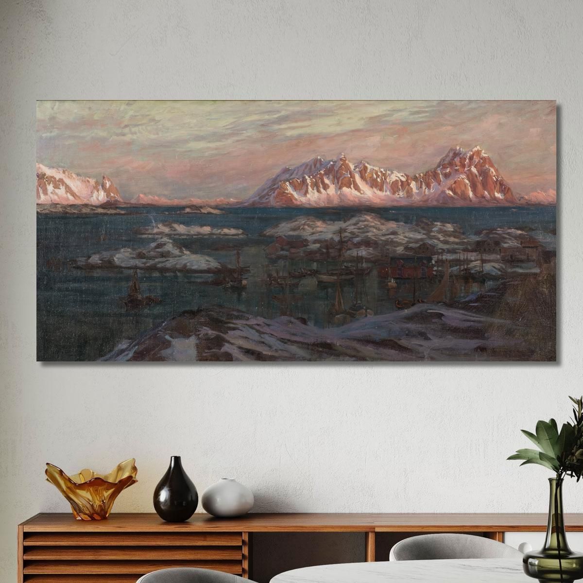 Fishing Harbour With Sunlit Mountains. Study From North Norway Anna Boberg abb16 canvas print 