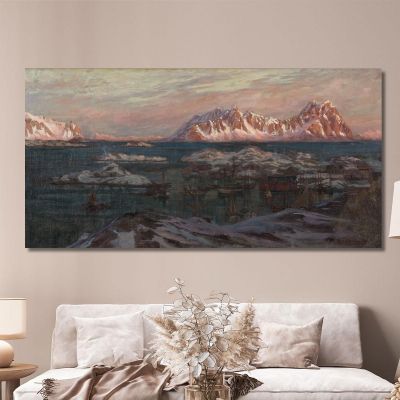 Fishing Harbour With Sunlit Mountains. Study From North Norway Anna Boberg abb16 canvas print 