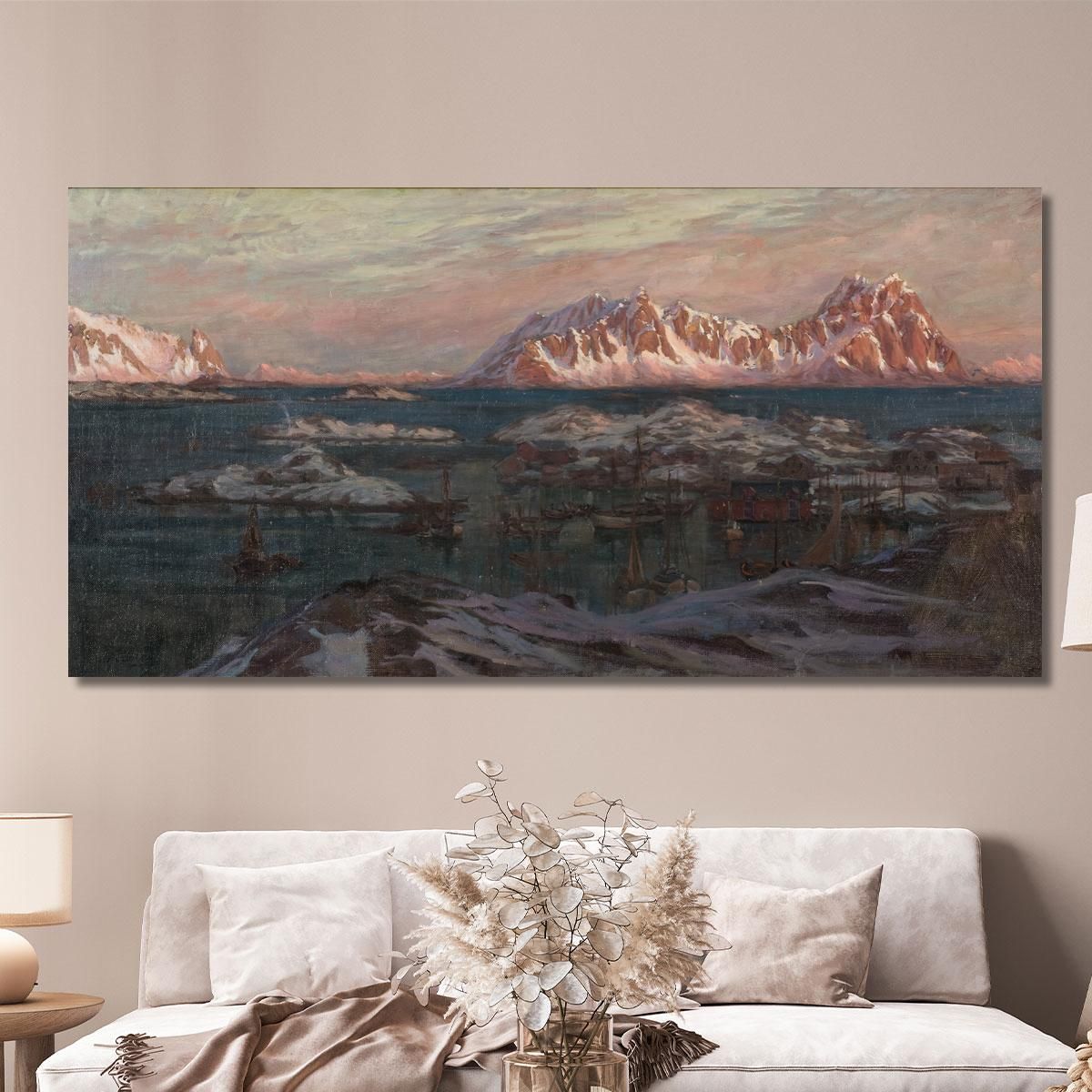 Fishing Harbour With Sunlit Mountains. Study From North Norway Anna Boberg abb16 canvas print 